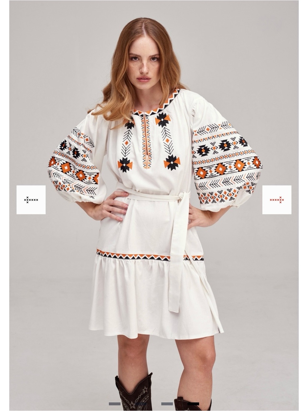 Embroidered Plaid White Boho Dress with Orange & Black Accents